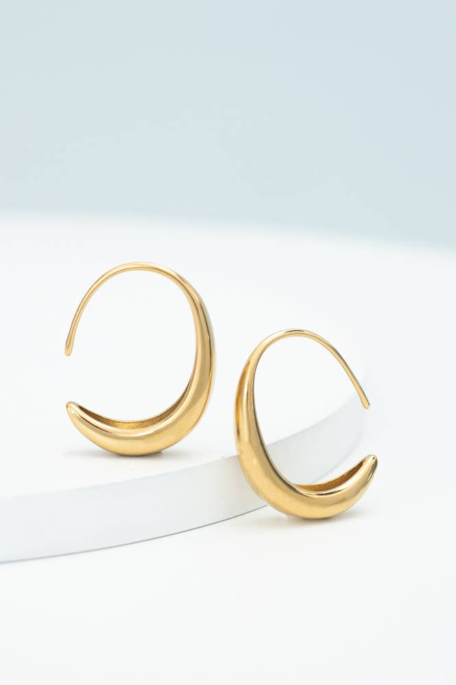 Crescent Moon Thread Drop Earrings in gold- 14K Gold Plated Huggie Hoop Earrings