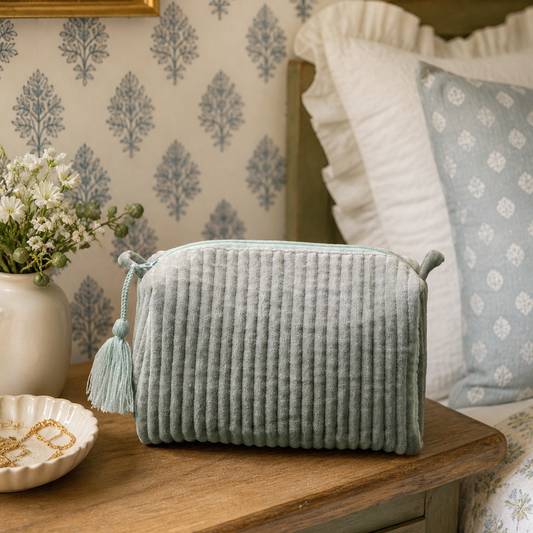 Velvet & Block Print Lined Cosmetic Pouch- Sage