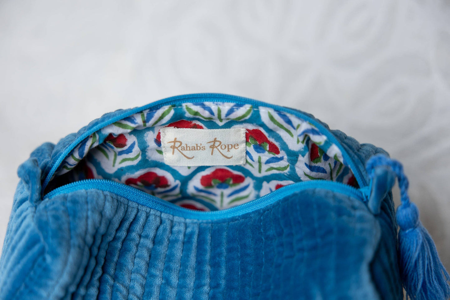 Velvet & Block Print Lined Cosmetic Pouch- Indigo