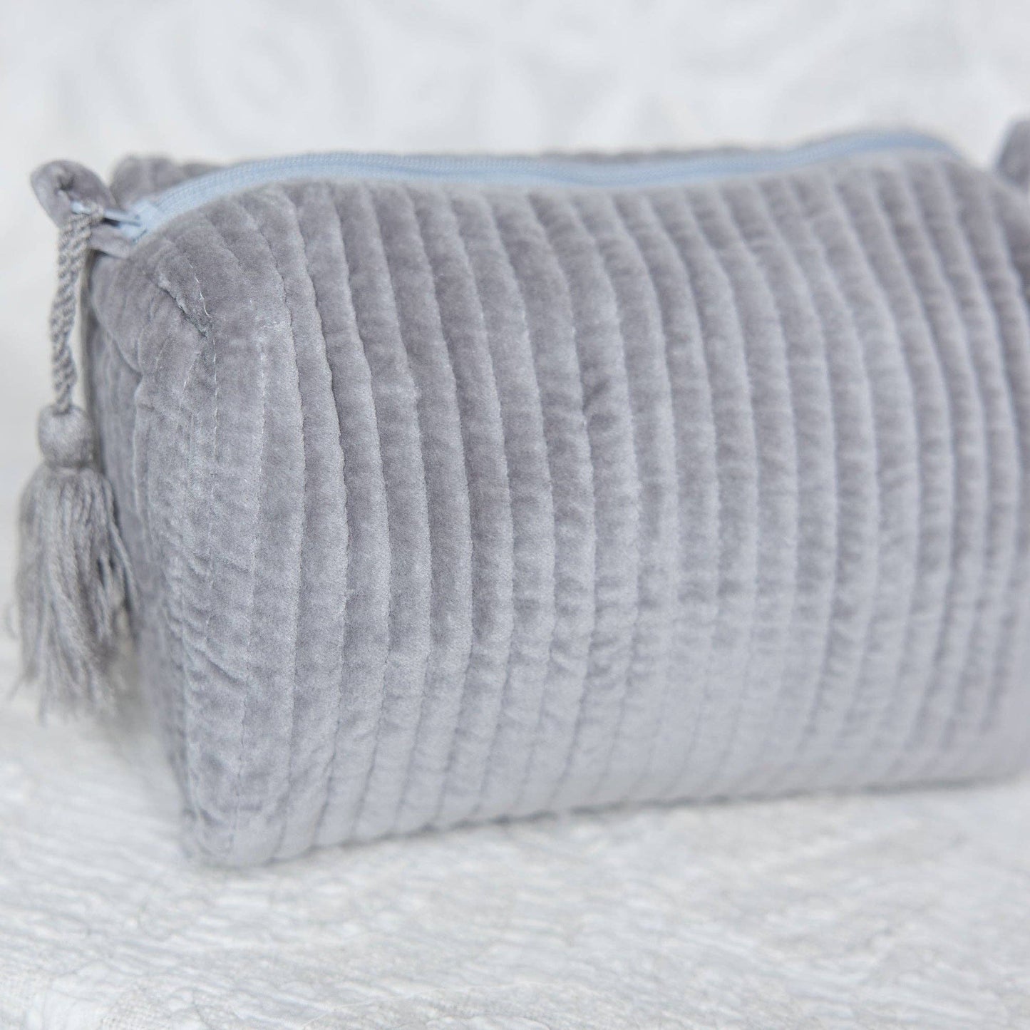 Velvet & Block Print Lined Cosmetic Pouch- Gray