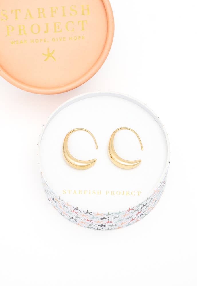 Crescent Moon Thread Drop Earrings in gold- 14K Gold Plated Huggie Hoop Earrings